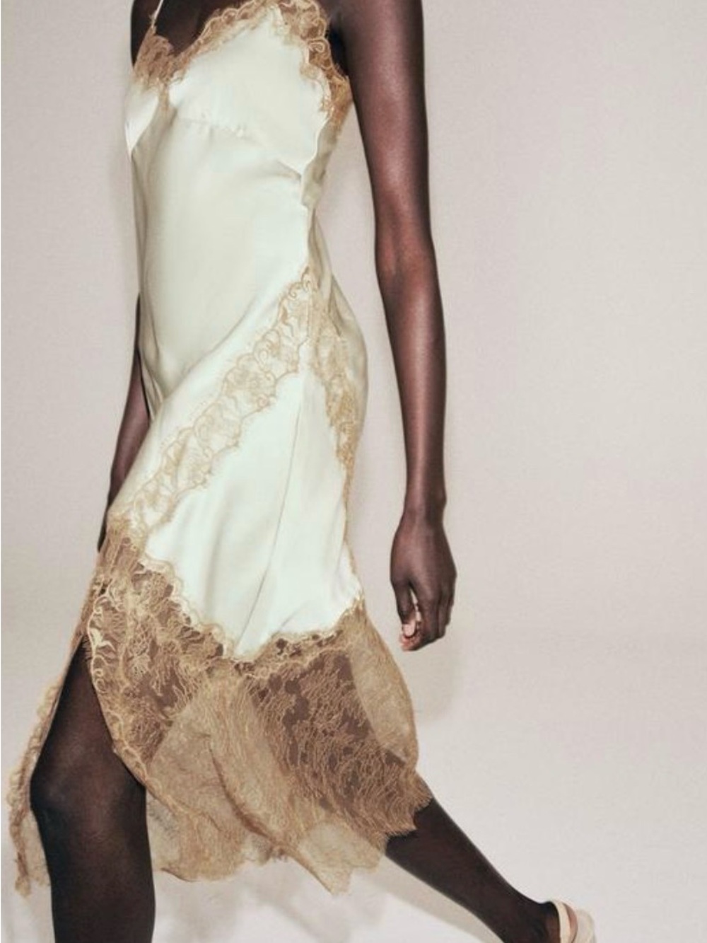 Zara Cream Slip Dress with Gold Lace Trim